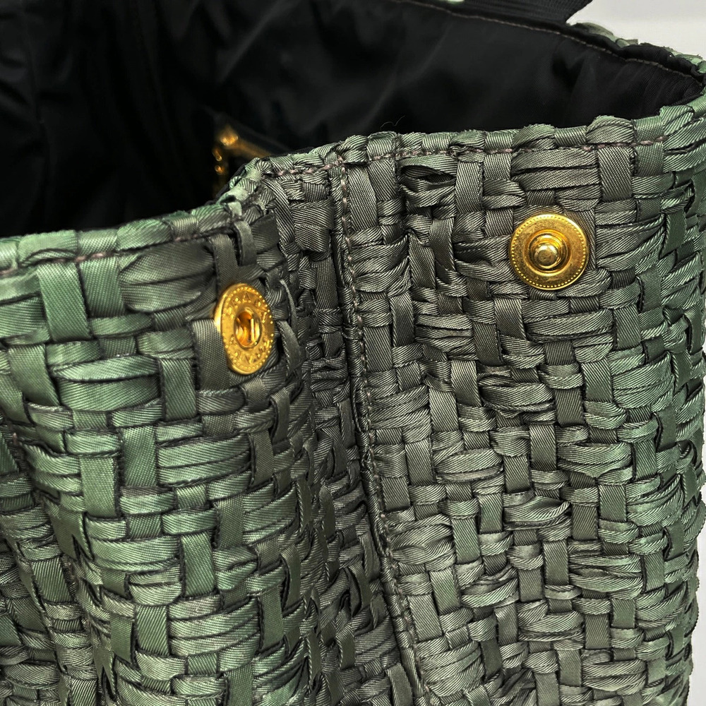 Prada Logo Plate Tote Bag Shoulder Woven Green - Picture 6 of 7